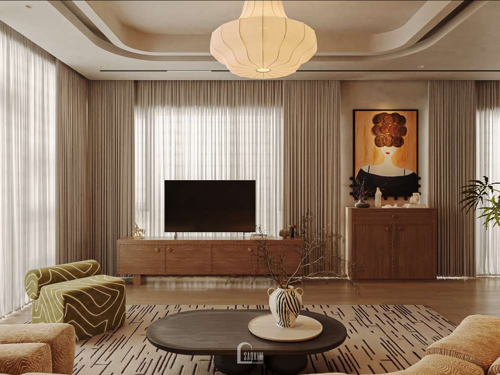 Thiết kế không gian phòng khách liền kề Vinhomes Ocean Park 3 theo phong cách Contemporary mix Mid - Century